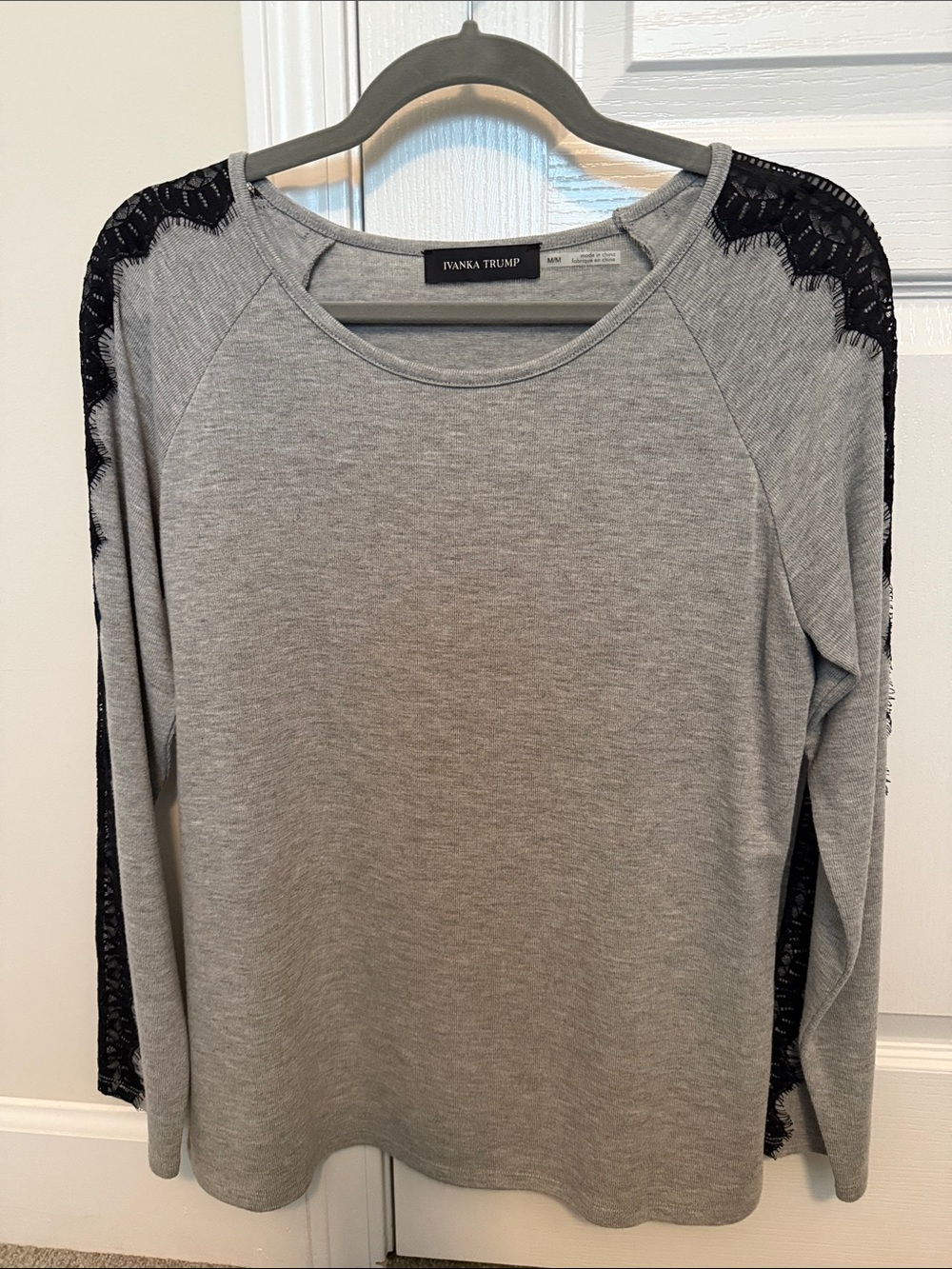 Ivanka Trump Gray Top with Black Lace Shoulder and Sleeve Trim